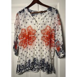 Dolma Silk Tunic Top Orange Blue Medallion Print V Neck 3/4 Sleeve Women's S
